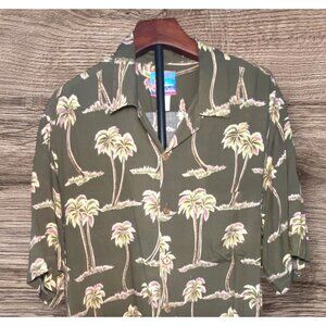 Mens Hawaiian Shirt Palm Tree Print Green Short Sleeve Button-Up Resort Vacation